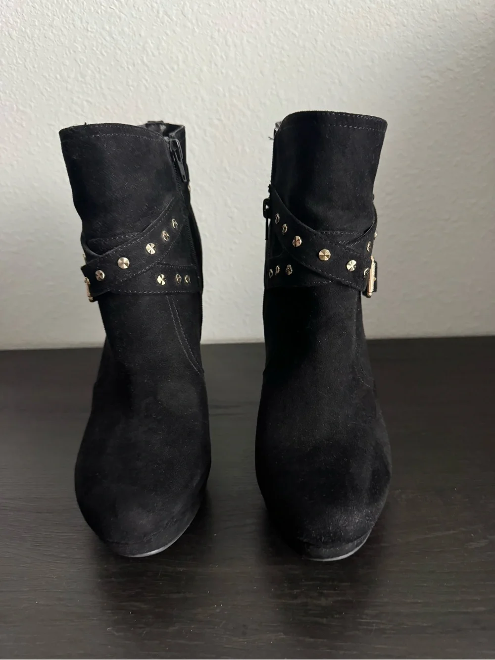 Women's Black Suede Ankle Boots with Studded Strap size 10